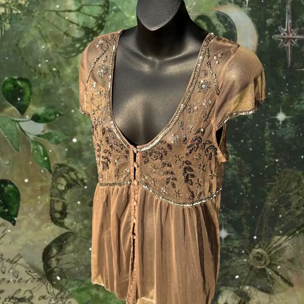 Y2K Beaded Mesh Fairy Top Sheer Brown Babydoll Cardigan